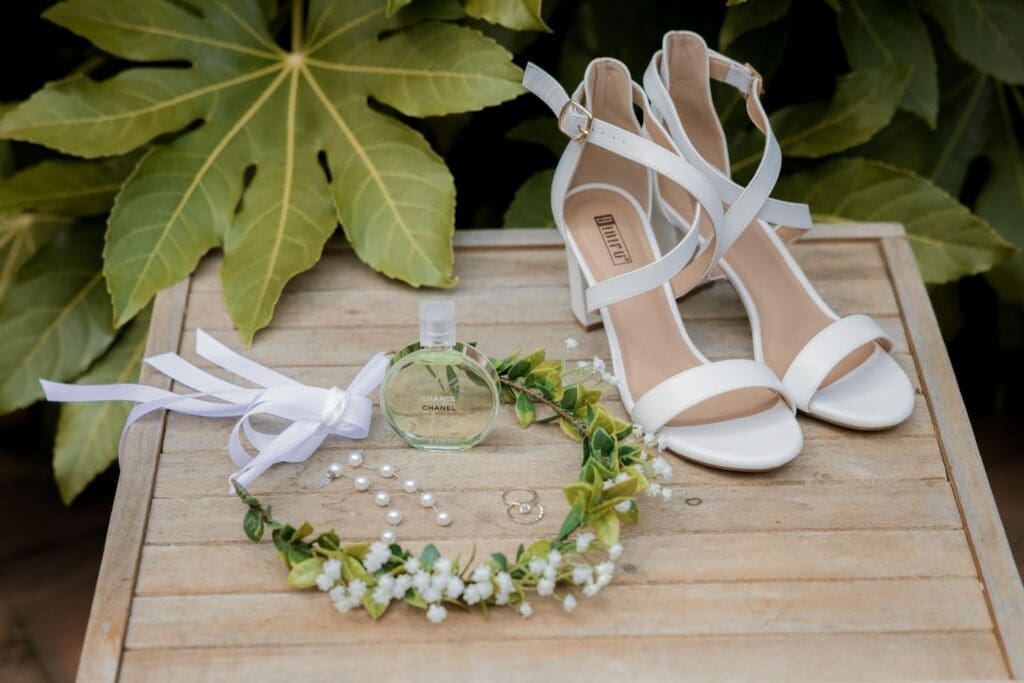 Sentimental touches: Mandy’s floral crown alongside her wedding day details.