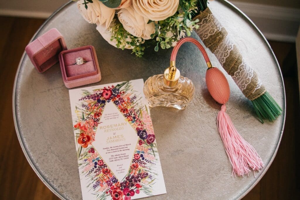 Flat lay of Rosemary's wedding details