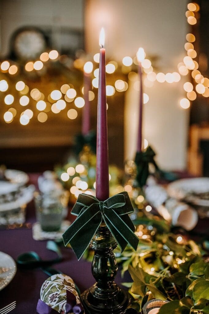 Lit candle for a wedding tablescape